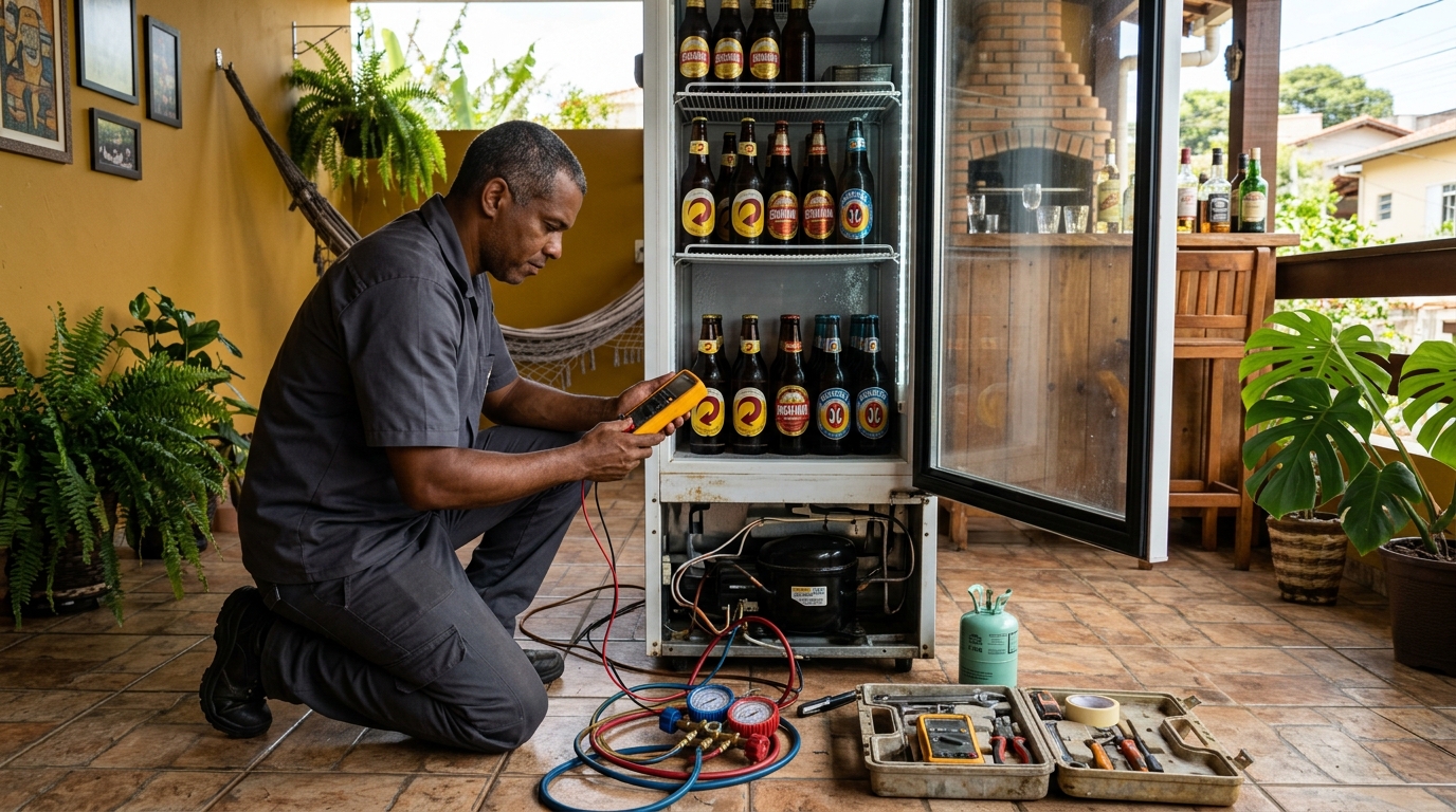 Placa eletrônica de cervejeira em reparo na bancada em Teresina‑PI