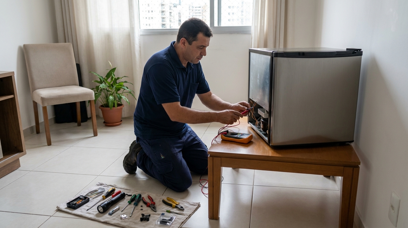 Técnico revisando o motor de um frigobar em Teresina‑PI