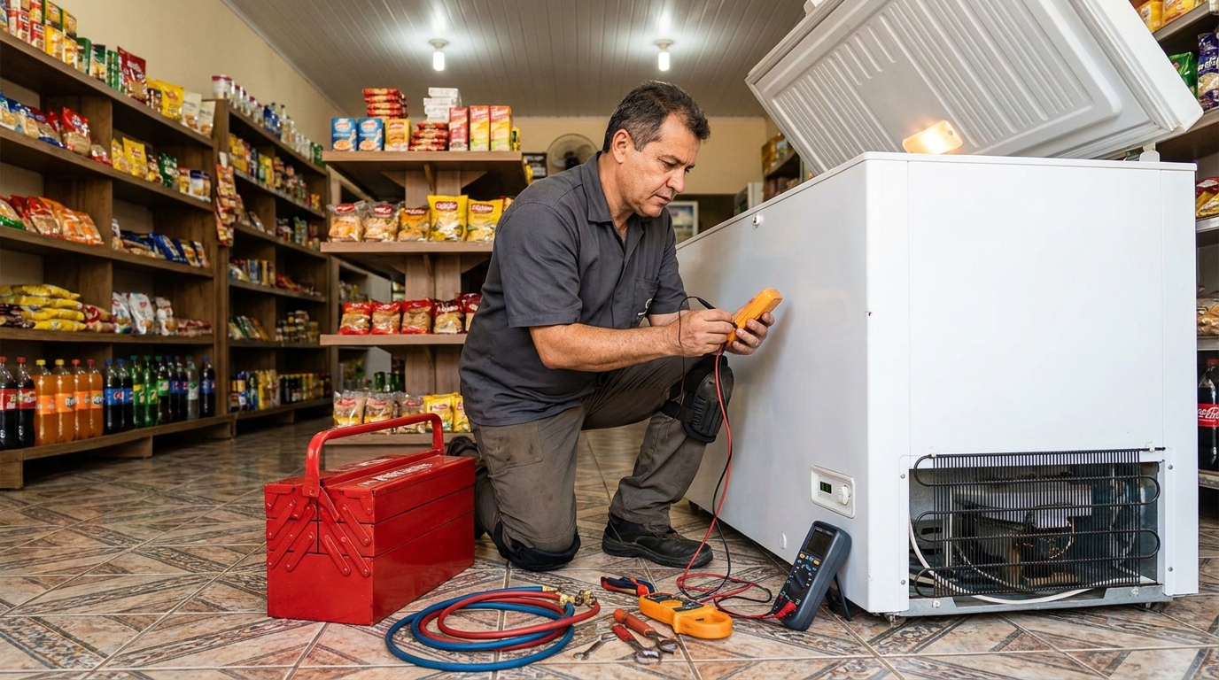 Manômetro conectado ao circuito durante recarga de gás de freezer em Teresina‑PI
