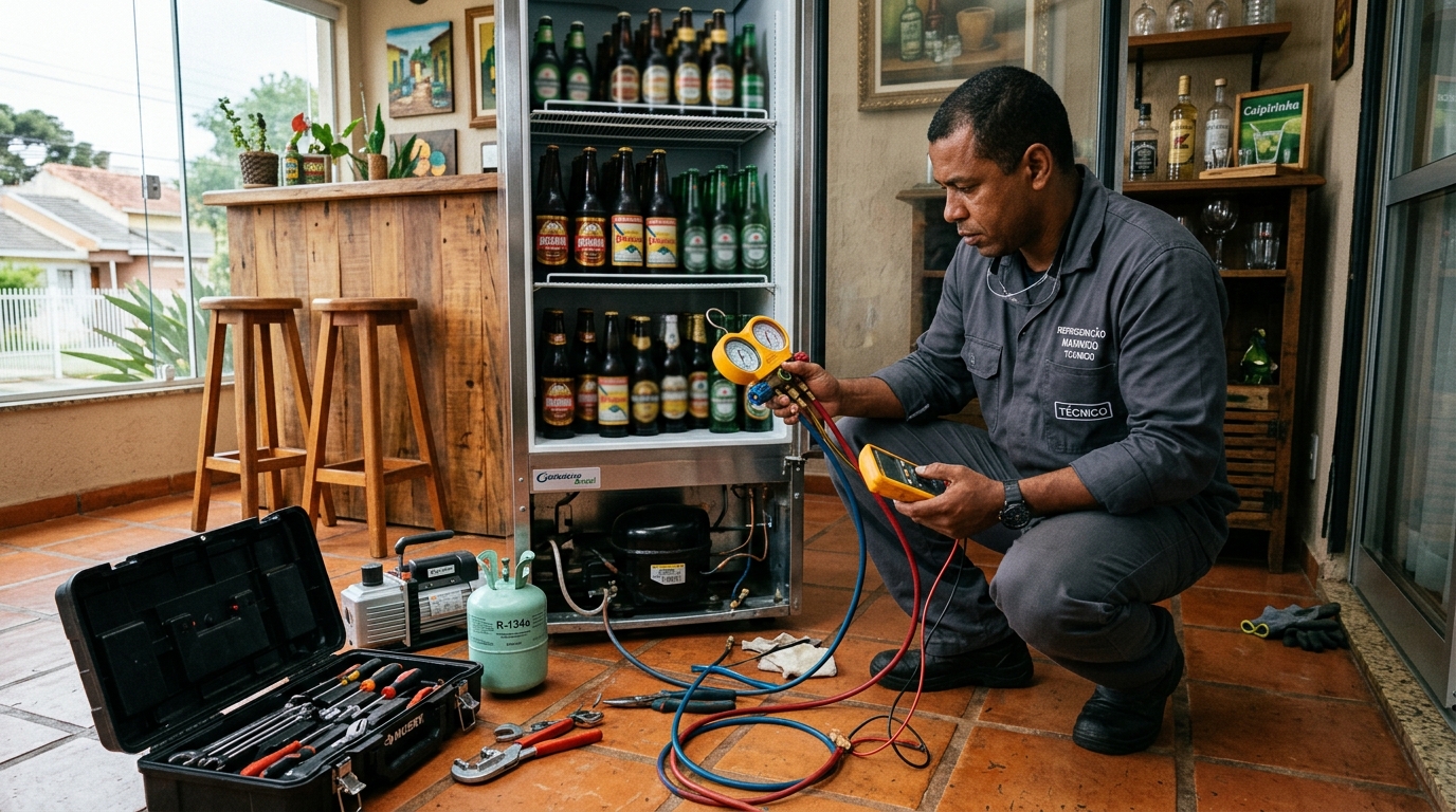 Técnico conferindo a temperatura de uma cervejeira durante atendimento em Teresina‑PI