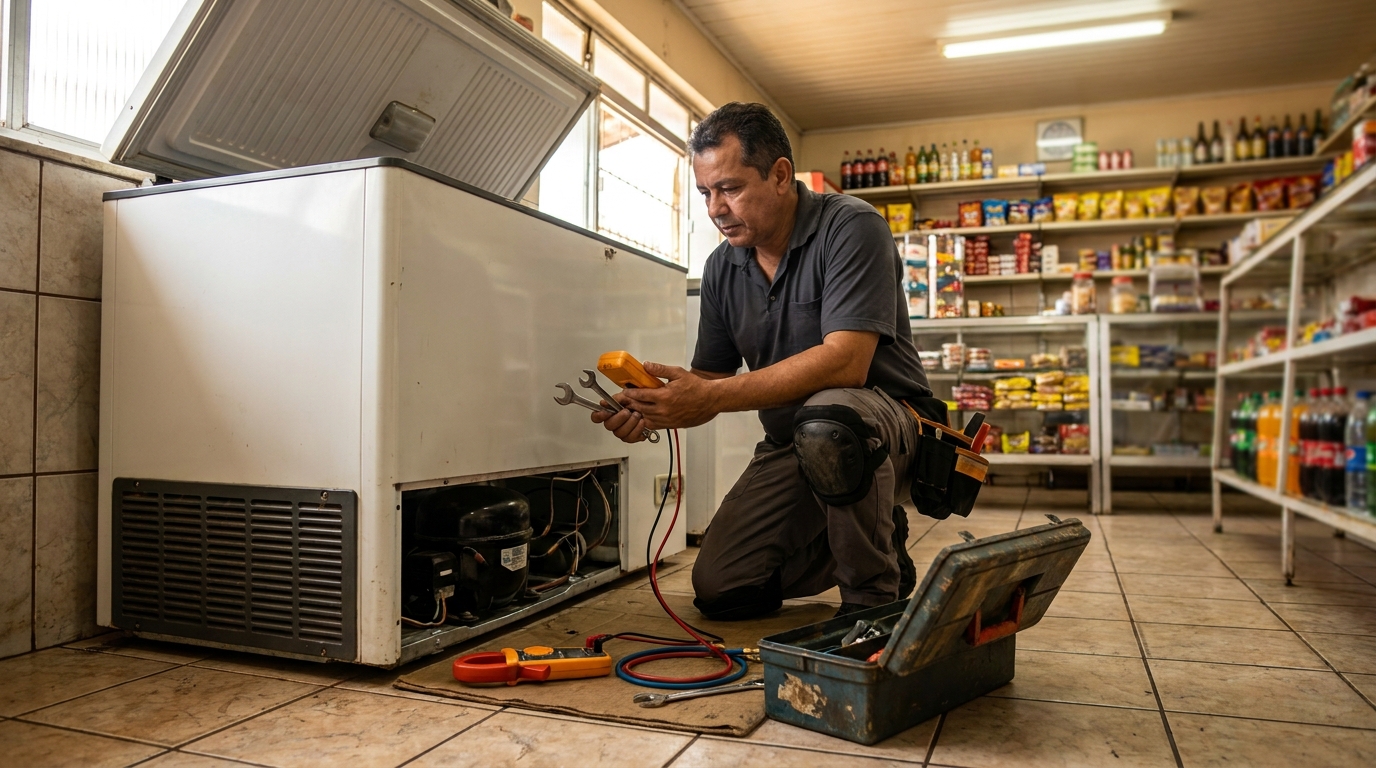 Técnico avaliando um freezer vertical durante atendimento em Teresina‑PI